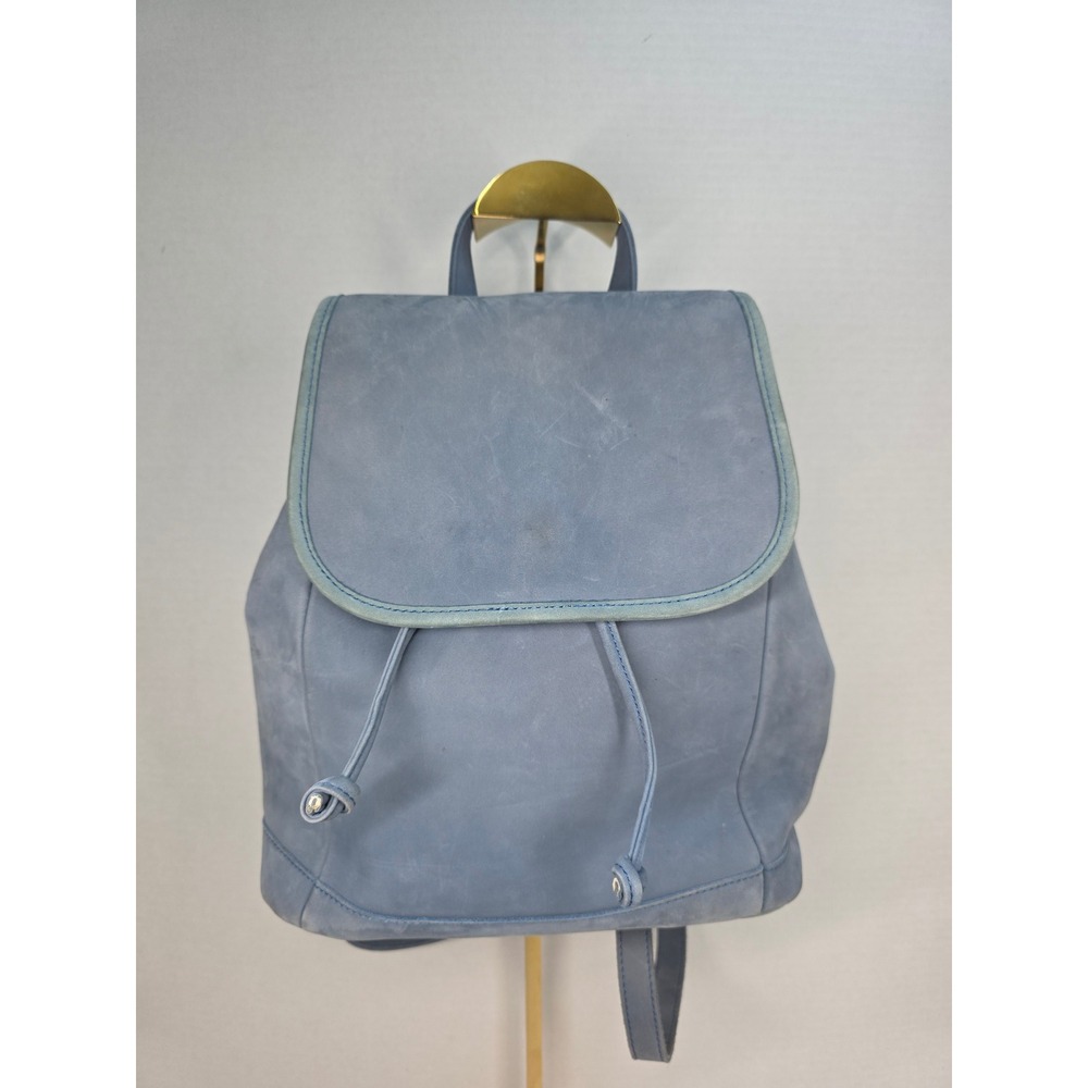 LL Bean Blue Nubuck Leather Backpack Vintage Drawstring Flap Rucksack Bag
